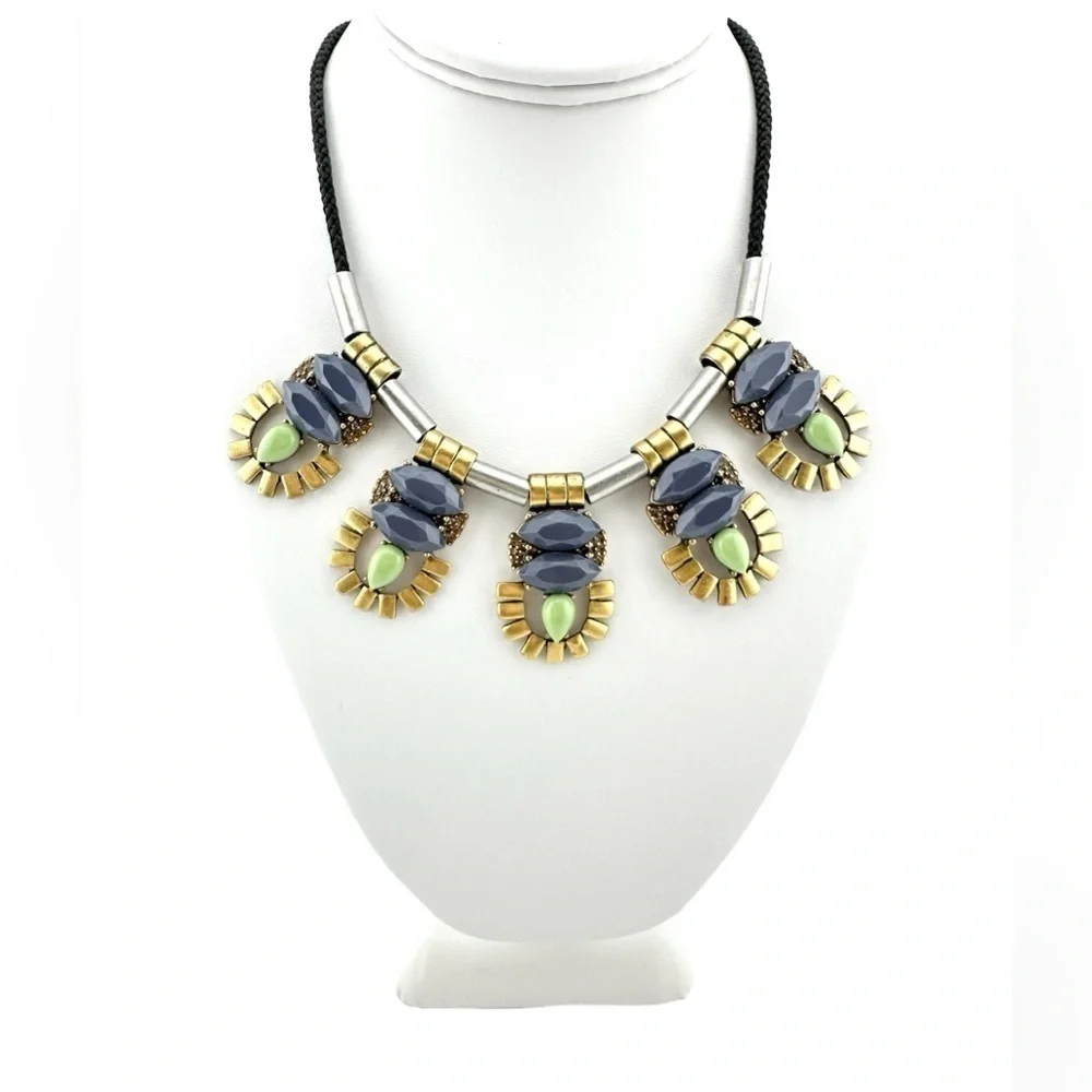 J Crew Necklace, Slate Mint Green w Silver & Gold Tone Metal Slide & Black Cord